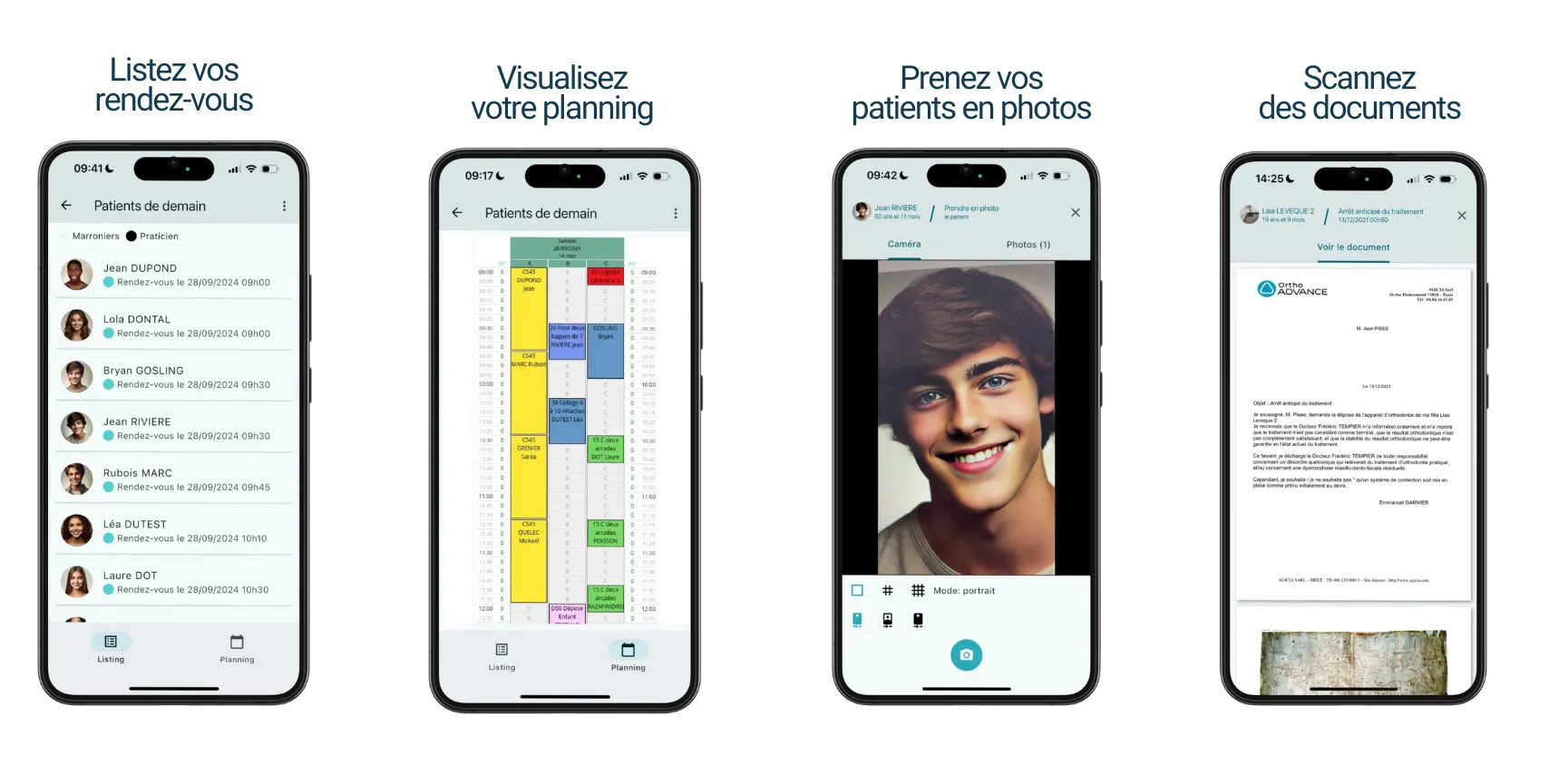 Écrans de l'application mobile OrthoADVANCE PRO : liste des rendez-vous, planning, photos et scan de documents